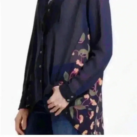 Maeve Tops - Anthropologie Maeve Ira Button Down Floral Tunic Top Pleated Bib Navy Blue